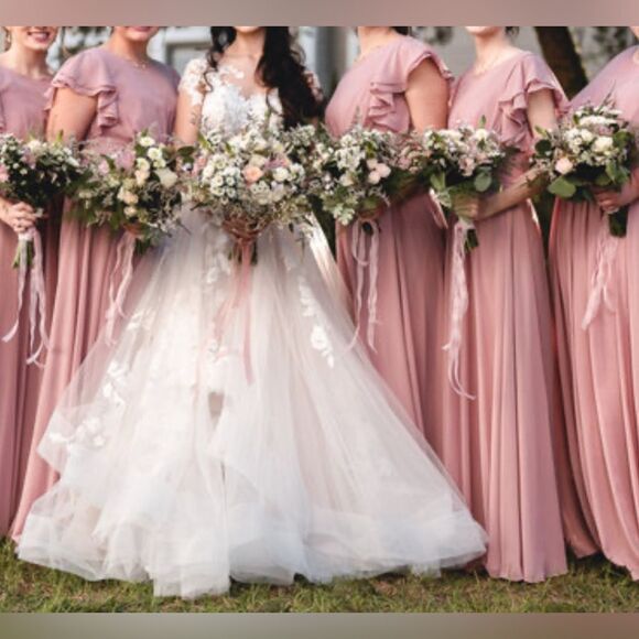 Azazie Blue Dress Maxi Scoop Neck Sheer Flutter Short Sleeve Maxi Dress Wedding - Picture 11 of 17